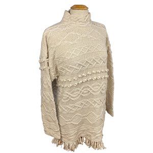 Style New York Hand Cable Knit Sweater Dress Fisherman Fringe Coastal Luxe-M